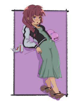 1girl absurdres alcohol_carton arm_support barefoot black_nails bocchi_the_rock! braid commentary covered_navel dress drink_carton english_commentary geta gotoh_hitori gotoh_hitori_(tsuchinoko) green_dress hair_over_shoulder highres hiroi_kikuri jacket light_blush long_hair open_mouth outside_border purple_background purple_eyes purple_hair reclining solo standing treepxiv