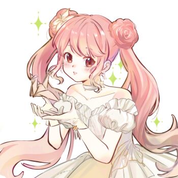 Rule 34 | 1girl, bare arms, brown eyes, chinese commentary, choker, collarbone, commentary request, cowboy shot, dot nose, double bun, dress, earrings, eyelashes, flower, flower-shaped hair, frilled dress, frilled sleeves, frills, gloves, hair bun, hair flower, hair ornament, happy, highres, jewelry, leaning forward, light blush, lightfold dreams (shining nikki), lily (flower), lips, long hair, looking at viewer, neck flower, nikki (nikki), nikki (series), object floating above hand, off-shoulder dress, off shoulder, origami, own hands together, paper crane, parted lips, pink hair, pink lips, puffy short sleeves, puffy sleeves, ribbon, shining nikki, short sleeves, sidelocks, simple background, smile, solo, sparkle, standing, swept bangs, very long hair, wavy hair, white background, white choker, white dress, white flower, white gloves, white ribbon, wrist flower, wrist ribbon, yellow flower, zhenzi jiang