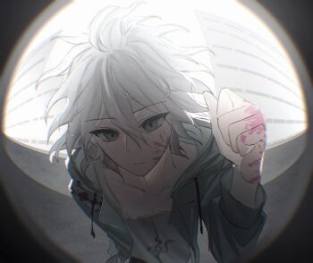 Rule 34 | 1boy, arm up, blood, blood on face, blood on hands, closed mouth, collarbone, danganronpa (series), danganronpa 2: goodbye despair, double-parted bangs, green jacket, hair between eyes, highres, hood, hooded jacket, ica (icrs 2221), jacket, komaeda nagito, long sleeves, looking at viewer, male focus, open clothes, open jacket, pink blood, pov peephole, print shirt, shirt, solo, white hair, white shirt