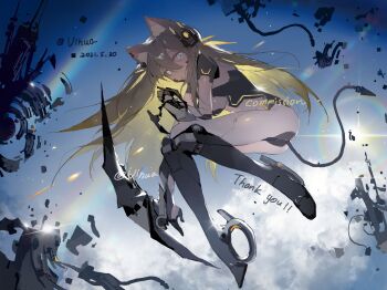 1girl android animal_ear_fluff animal_ears ass black_boots black_sclera blonde_hair blue_sky boots breasts cat_ears cat_girl check_copyright chinese_commentary cloud colored_sclera commentary_request commission copyright_request dated english_text hair_between_eyes highres long_hair mechanical_tail medium_breasts mismatched_sclera original sky solo tail thank_you thigh_boots vihua6 white_eyes