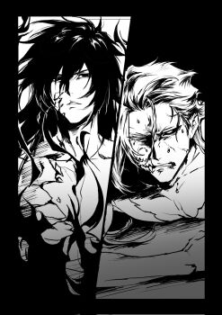 2boys aizen_sousuke alternate_form black_hair bleach confrontation greyscale heterochromia highres kurosaki_ichigo long_hair looking_at_another losloslaus monochrome mugetsu_form_(bleach) multiple_boys parted_lips sweat teeth