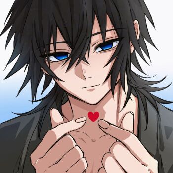 1boy black_hair black_kimono blue_background blue_eyes closed_mouth collarbone commentary empty_eyes gradient_background hair_between_eyes hands_up heart highres japanese_clothes kimetsu_no_yaiba kimono light_smile long_hair looking_at_viewer low_ponytail male_focus ponytail romisiro00 smile solo spiked_hair symbol-only_commentary tomioka_giyuu two-tone_background white_background