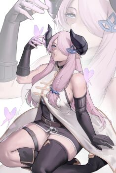 1girl absurdres asymmetrical_gloves bare_shoulders blue_eyes braid breasts bug butterfly butterfly_on_hand draph gloves granblue_fantasy granblue_fantasy_versus hair_ornament hair_over_one_eye hand_up highres horns insect large_breasts long_hair low-tied_long_hair mole mole_on_breast narmaya_(granblue_fantasy) pink_hair pointy_ears single_braid single_thighhigh solo thick_thighs thigh_strap thighhighs thighs uneven_gloves zukululuu