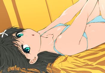 1girl absurdres bikini black_hair blue_bikini blue_eyes breasts commentary_request flower from_side hair_flower hair_ornament highres long_hair looking_at_viewer lying musaki_(msaki666) navel on_back open_mouth saten_ruiko small_breasts solo swimsuit toaru_kagaku_no_railgun toaru_majutsu_no_index