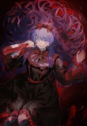 Rule 34 | 1girl, black dress, black souls, blue eyes, blue hair, bottle, bow, bowtie, dress, floating hair, frilled dress, frilled sleeves, frills, gothic lolita, hands up, highres, holding, holding bottle, lolita fashion, long hair, long sleeves, looking at viewer, mabel (black souls), red bow, red bowtie, sidelocks, smile, solo, sys 0311, very long hair, wine bottle