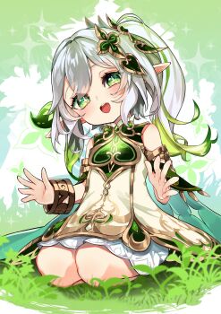 1girl blush cape commentary_request detached_sleeves dress genshin_impact gradient_hair grass green_background green_cape green_eyes green_hair green_sleeves hair_between_eyes hair_ornament highres kagu_(a_hazy_moon) leaf_hair_ornament long_hair looking_at_viewer multicolored_hair nahida_(genshin_impact) open_mouth pointy_ears side_ponytail sitting smile solo symbol-shaped_pupils white_dress white_hair