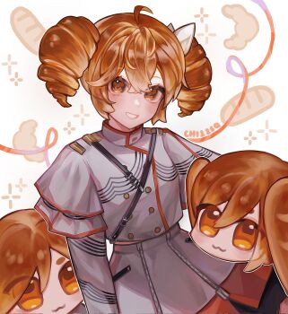 1girl :3 ahoge baguette blush bow bread brown_eyes buttons chi125q croissant double-breasted drill_hair floating_head food food-themed_hair grey_jacket grey_skirt grin hair_bow highres jacket kasane_teto kasane_teto_(sv) red_trim shoulder_belt skirt smile synthesizer_v twin_drills utau white_background white_bow