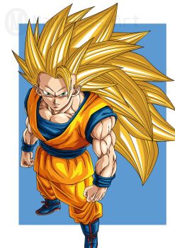 1boy absurdres blonde_hair blue_background blue_boots blue_shirt boots border dragon_ball dragon_ball_daima full_body green_eyes highres long_hair maddnessart muscular muscular_male no_eyebrows orange_pants orange_tunic pants shirt simple_background solo son_goku spiked_hair super_saiyan super_saiyan_3 tunic white_border