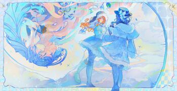 3girls absurdres bare_arms bare_shoulders black_dress black_hands blue_border blue_theme blue_veil boater_hat boots border checkered_clothes checkered_scarf coat colored_extremities commentary dress facing_another facing_away from_behind full_body fur-trimmed_coat fur_trim green_eyes grey_hair hair_bun hat highres koiii_(ichikakoiii) long_hair multiple_girls nautika_(reverse:1999) official_alternate_costume orange_hair pink_hair reverse:1999 scarf short_hair single_side_bun sonetto_(reverse:1999) sonetto_(winter)_(reverse:1999) strapless strapless_dress symbol-only_commentary upside-down ushanka veil vertin_(reverse:1999) vertin_(winter)_(reverse:1999) very_long_hair walking