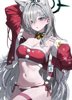 Rule 34 | 1girl, absurdres, alternate costume, animal ear fluff, animal ears, bell, bikini, blue archive, blue eyes, blue nails, blush, breasts, broken halo, christmas, commentary, cross, cross hair ornament, dark halo, ear piercing, earrings, english commentary, extra ears, facial mark, fingernails, fur-trimmed bikini, fur trim, grey hair, hair between eyes, hair ornament, halo, heart, heart facial mark, highres, inverted cross, jacket, jewelry, jingle bell, kkato, long fingernails, long hair, long sleeves, looking at viewer, medium breasts, mismatched pupils, multiple earrings, navel, neck bell, neck ribbon, off shoulder, open clothes, open jacket, open mouth, piercing, red bikini, red jacket, red thighhighs, ribbon, santa bikini, santa costume, shiny skin, shiroko terror (blue archive), side-tie bikini bottom, simple background, solo, stomach, strapless, stud earrings, swimsuit, thighhighs, tube top, very long hair, white background, wolf ears, wolf girl