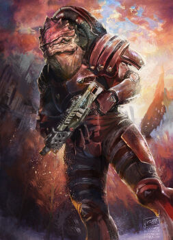 1boy alien gun guzzardi holding holding_weapon krogan mass_effect_(series) shotgun tumblr urdnot_wrex weapon