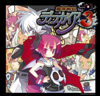 5boys 5girls ahoge almaz_von_almadine_adamant battle black_hair chibi disgaea everyone fighting geoffrey_(disgaea) glasses green_eyes horns makai_senki_disgaea_3 mao_(disgaea) mr._champloo multiple_boys multiple_girls nippon_ichi pink_eyes pink_hair prinny raspberyl red_eyes round_eyewear sapphire_rhodonite school_uniform smile star_(symbol) tail white_hair wings yamamoto_keiji