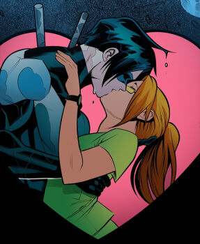 1boy 1girl barbara_gordon batman_(series) black_bodysuit black_hair blue_bodysuit bodysuit couple dc_comics dick_grayson eye_mask glasses heart highres kiss mask moy_r nightwing oracle_(dc) superhero_costume taut_bodysuit