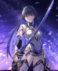 Rule 34 | 1girl, armor, armored boots, armored dress, armored gloves, bare shoulders, black hair, blue pupils, blush, boots, breasts, chest jewel, collar, colored inner hair, cowboy shot, diffraction spikes, dot nose, galaxy, hair ornament, highres, holding, holding sword, holding weapon, honkai (series), honkai impact 3rd, katana, kuma (kumasan 82), light particles, light rays, light smile, long hair, looking at viewer, milky way, multicolored hair, purple eyes, purple theme, raiden mei, raiden mei (herrscher of origin), sidelocks, sky, solo, space, star (sky), star (symbol), star trail, starry background, starry sky, sword, twitter username, two-tone hair, upper body, very long hair, weapon