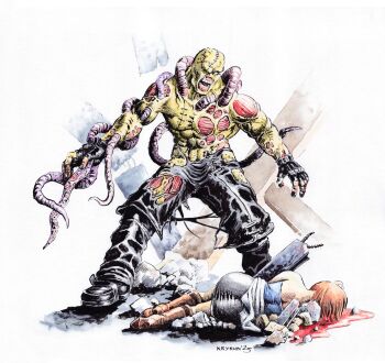 Rule 34 | 1boy, 1girl, artist name, black gloves, black skirt, blood, blue tube top, boots, brown boots, brown hair, fingerless gloves, gloves, highres, jill valentine, krykun-kun, miniskirt, nemesis (resident evil), no shirt, one-eyed, resident evil, resident evil 3: nemesis, rubble, signature, skirt, stitched face, stitches, strapless, tentacles, torn clothes, tube top