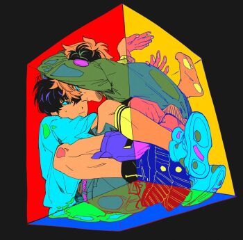 2boys arm_up belt between_legs black_eyes black_footwear black_hair blonde_hair blue_shirt closed_mouth colorful dutch_angle eye_contact from_behind from_below green_jacket grey_pants hand_on_wall high_tops highres jacket jaemin107 kneehighs leaning_back leaning_forward light_frown looking_at_another male_focus multiple_boys original pants purple_belt purple_shorts shirt shoes short_hair shorts sitting sneakers socks squatting stuck_in_a_box sweatdrop white_footwear yaoi yellow_socks