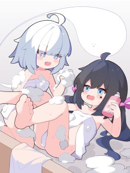 2girls absurdres ahoge barefoot blue_eyes bottle breasts commission convenient_censoring facial_mark feet flat_chest highres holding indie_virtual_youtuber kneeling legs_up loli long_hair mugen_mochi multiple_girls naked_towel open_mouth pixiv_commission same-sex_bathing shampoo_bottle shared_bathing sharp_teeth shirousagi_(user_erwx7425) small_breasts soap soap_bottle soap_bubbles soap_censor soles star_(symbol) teeth toes towel twintails virtual_youtuber white_hair