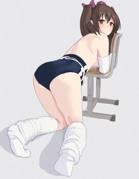 1girl absurdres ass bent_over blue_one-piece_swimsuit bow breasts brown_eyes brown_hair chair check_clothing clothing_request commentary_request double-parted_bangs doubutsu_koujou elbow_gloves gloves grey_background hair_between_eyes hair_bow hat highres himekaidou_hatate kneeling knees_together_feet_apart large_breasts looking_at_viewer looking_back loose_socks medium_hair on_chair one-piece_swimsuit parted_lips partial_commentary pointy_ears purple_bow purple_hat school_swimsuit simple_background socks solo swimsuit tokin_hat touhou turning_head twintails two-tone_swimsuit underboob white_gloves white_one-piece_swimsuit