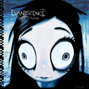 1girl album_cover album_cover_redraw album_name angusburgers black_hair bulging_eyes commentary copyright_name cover derivative_work english_commentary evanescence eyelashes fallen_(evanescence) flushed_face_emoji medium_hair monochrome portrait solo