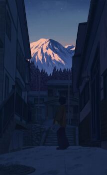 1girl alley arm_at_side building commentary_request facing_away fir_tree footprints forest from_side full_body gensuke_(ryun) highres holding holding_newspaper house long_sleeves manhole_cover mountain nature newspaper original outdoors pants power_lines scenery shirt short_hair sky solo stairs star_(sky) striped_clothes striped_shirt town tree turning_head twilight utility_pole