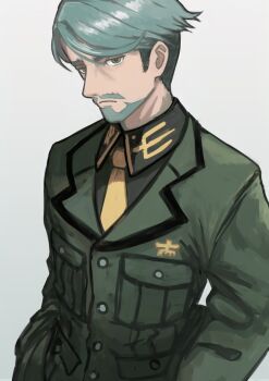1boy challia_bull coat commentary_request facial_hair frown goatee green_coat grey_hair gundam gundam_gquuuuuux male_focus military_uniform neckerchief nito_(nshtntr) profile solo undercut upper_body yellow_neckerchief