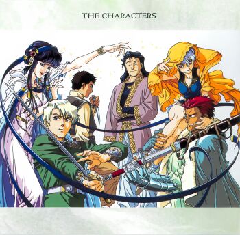 1990s_(style) 2girls 4boys black_hair blonde_hair blue_hair bracelet closed_eyes dark-skinned_male dark_skin fuuin_densetsu_crystania grin holding holding_sword holding_weapon houtani_yukitoshi jewelry long_hair magic multiple_boys multiple_girls non-web_source official_art open_mouth red_eyes retro_artstyle short_hair smile sword weapon