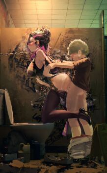 1boy 1girl absurdres age_difference ass bare_shoulders black_hair black_shirt black_shoes black_thighhighs breasts chain clothes_pull commentary commission english_commentary full_body gandy_(gan3e46) glasses grey_hair high_heels highres holding_hands large_breasts multicolored_hair onee-shota open_mouth original pants pants_pull pink_hair public_restroom sex sex_from_behind shirt shoes short_hair short_sleeves shota socks t-shirt thighhighs toilet two-tone_hair white_pants white_socks yuyan_(ryuuyan)