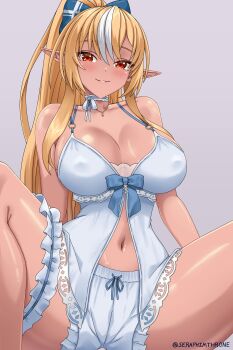 1girl babydoll blonde_hair bloomers blue_babydoll blue_bloomers blue_choker blue_nightgown blush bow breasts choker cosplay dark-skinned_female dark_elf dark_skin elf frilled_shorts frills hair_bow high_ponytail highres hololive large_breasts long_hair looking_at_viewer multicolored_hair nightgown open_mouth pointy_ears ponytail red_eyes seraphim_throne shiranui_flare shirogane_noel shirogane_noel_(9th_costume) shirogane_noel_(cosplay) shirt_ribbon shorts sidelocks smile solo streaked_hair string_choker underwear virtual_youtuber white_hair