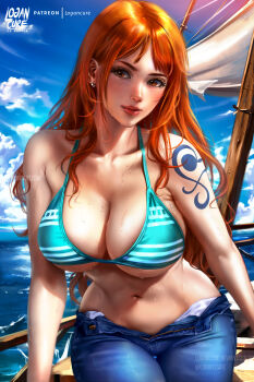 1girl absurdres animal_ears aqua_bikini artist_name bikini bikini_top_only blue_sky boat breasts brown_eyes cloud collarbone curvy day denim highres jeans large_breasts lips logan_cure long_hair looking_at_viewer nami_(one_piece) nami_(one_piece)_(return_to_sabaody) navel ocean official_alternate_costume one_piece open_fly orange_hair outdoors pants shiny_skin shoulder_tattoo sky solo striped_bikini striped_clothes swimsuit tattoo unzipped watercraft wet wide_hips zipper