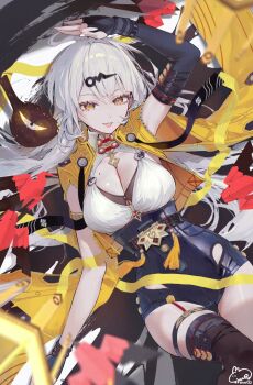 1girl arms_up asymmetrical_gloves bird black_bird black_shorts breasts cleavage clenched_teeth elbow_gloves fingerless_gloves gloves grey_hair hair_ornament hairclip high-waist_shorts highres jacket large_breasts long_hair looking_at_viewer mole mole_on_chest shorts single_elbow_glove single_thighhigh solo syuri22 teeth thigh_gap thighhighs uneven_gloves yellow_eyes yellow_jacket yin_yang_pin yixuan_(zenless_zone_zero) zenless_zone_zero