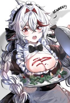 1girl alternate_costume animal_ears apron black_bow black_bowtie black_dress blush bow bowtie braid breast_rest breasts breasts_on_tray carried_breast_rest carrying cleavage cleavage_cutout clothing_cutout commentary cowboy_shot crossed_bangs double-parted_bangs dress english_commentary english_text enmaided food food_on_body food_on_breasts frilled_dress frills hair_between_eyes hair_intakes highres holding holding_lid holding_tray indie_virtual_youtuber ketchup large_breasts long_hair looking_at_viewer maid maid_headdress multicolored_hair open_mouth red_eyes red_streaks serving sharkyyuna sharkyyuna_(vtuber) sharp_teeth short_sleeves simple_background solo streaked_hair sweat talking teeth tray twin_braids virtual_youtuber waist_apron white_apron white_background white_hair