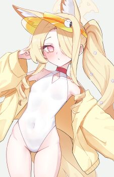 1girl animal_ear_fluff animal_ears blonde_hair blue_archive breasts collarbone fox_ears fox_girl fox_tail gluteal_fold grey_background halo highres jacket loli long_hair long_sleeves looking_at_viewer magui3 official_alternate_costume one-piece_swimsuit revision seia_(blue_archive) seia_(swimsuit)_(blue_archive) side_ponytail simple_background small_breasts solo swimsuit tail thighs visor_cap white_one-piece_swimsuit yellow_halo yellow_jacket