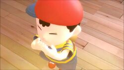 3d animated ass ass_focus backpack bag black_hair blue_shorts closed_eyes covering_nose dirty elementary_school_age fart hat indoors legs mother_(series) mother_2 ness_(mother_2) nintendo red_hat shirt shorts sideways_hat smell smelly_anus socks solo sound source_filmmaker_(medium) striped_clothes striped_shirt tacko_sfm tagme video white_socks yellow_shirt