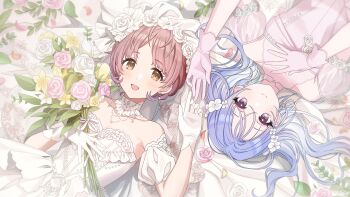 2girls armlet blue_eyes blue_hair bouquet brown_hair dress earrings flower game_cg gloves idolmaster idolmaster_shiny_colors idolmaster_shiny_colors_song_for_prism ikuta_haruki jewelry leaf lying multiple_girls official_art on_back open_mouth pink_dress suzuki_hana wedding_dress white_dress white_gloves yellow_eyes