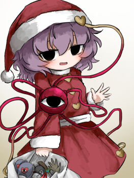 1girl black_eyes blush buttons christmas commentary dress eyeball fur-trimmed_headwear fur_trim gradient_background hair_ornament hat heart heart_button heart_hair_ornament heripantomorrow holding holding_sack komeiji_satori open_mouth pink_hair red_dress red_hat red_skirt sack santa_costume santa_hat skirt solo third_eye touhou waving
