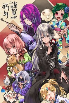 Rule 34 | bad id, bad pixiv id, blindfold, blonde hair, blunt bangs, carmilla (re:zero), commentary request, covered eyes, daphne (re:zero), echidna (re:zero), flower, green hair, grey hair, hair between eyes, hair flower, hair ornament, hair over one eye, hakugei (re:zero), happy new year, heart, heart hair ornament, highres, inawa akito, japanese clothes, kimono, kurohebi (re:zero), long hair, long sleeves, looking at viewer, minerva (re:zero), multiple girls, new year, oousagi (re:zero), open mouth, pink eyes, pink hair, purple eyes, purple hair, re:zero kara hajimeru isekai seikatsu, red eyes, sekhmet (re:zero), sheep, short hair, smile, typhon (re:zero), white hair