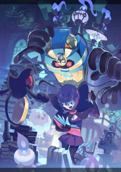 Rule 34 | > <, 1girl, :d, absurdres, artist name, book, chandelure, cofagrigus, e volution, froslass, gen 4 pokemon, gen 5 pokemon, glasses, gloves, golurk, highres, holding, holding book, holding pen, jellicent, jellicent (female), lampent, litwick, looking down, nintendo, open mouth, pantyhose, pen, pleated skirt, pokemon, pokemon (creature), pokemon bw, purple hair, scarf, shauntal (pokemon), short hair, skirt, smile, yamask