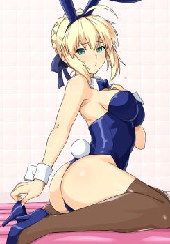 Rule 34 | 1girl, ahoge, air mattress, animal ears, artoria pendragon (fate), ass, bathroom, blonde hair, blue bow, blue bowtie, blue footwear, blue hairband, blue leotard, blue ribbon, blush, bow, bowtie, breasts, brown thighhighs, detached collar, dress, fake animal ears, fake tail, fate/grand order, fate (series), from side, green eyes, hair ribbon, hairband, hand on own chest, haruhisky, high heels, highres, large breasts, leotard, looking at viewer, looking to the side, playboy bunny, rabbit ears, rabbit tail, ribbon, saber (fate), simple background, sitting, soapland, solo, tail, thighhighs, tile wall, tiles, white background, white wrist cuffs, wrist cuffs
