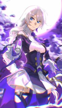 1girl blue_eyes braid braided_ponytail chromatic_aberration closed_mouth flower gloves gun handgun highres holding holding_gun holding_weapon honkai_(series) honkai_impact_3rd jacket kallen_kaslana kallen_kaslana_(sixth_serenade) long_hair looking_at_viewer pantyhose purple_flower purple_gloves purple_jacket purple_pantyhose purple_rose rose sevenr solo very_long_hair weapon white_hair