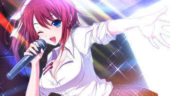 1girl ;d akino_subaru blue_eyes breasts casual collared_shirt commentary_request game_cg hair_ribbon hatsukoi_1/1 holding holding_microphone karaoke large_breasts looking_at_viewer microphone music one_eye_closed open_mouth outstretched_hand ponytail red_hair red_skirt ribbon shirt side_ponytail singing skirt smile solo tsukishima_kyou white_shirt