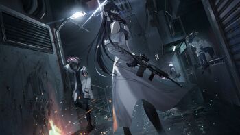 4girls absurdres alley arius_squad_(blue_archive) arm_up atsuko_(blue_archive) baseball_cap black_footwear black_hair black_hat black_mask black_socks blue_archive blue_eyes newsboy_cap coat crop_top dutch_angle fire from_behind gun hair_over_one_eye halo hat highres hiyori_(blue_archive) holding holding_gun holding_weapon hood hood_up hoodie lamppost long_hair looking_back mask mask_pull misaki_(blue_archive) mouth_mask multiple_girls night off_shoulder outdoors pants purple_hair railing red_halo road saori_(blue_archive) shirt side_ponytail sig_516 sitting sleeveless sleeveless_shirt socks stairs standing street tmt torn_clothes torn_pants vent_(object) weapon white_coat white_halo white_hood