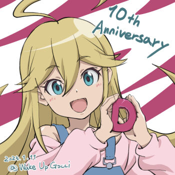 1girl ahoge bare_shoulders blonde_hair blue_eyes dated english_text gotou_keisuke hair_between_eyes holding leopard_(yatterman) long_hair open_mouth overalls pink_shirt shirt time_bokan_(series) twitter_username yatterman yoru_no_yatterman