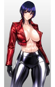 1girl abs black_gloves black_pants blue_eyes blue_hair blunt_bangs breasts cleavage collarbone gloves gluteal_fold highres jacket large_breasts leather leather_jacket looking_at_viewer navel open_clothes open_jacket original pants red_jacket shiny_clothes shiny_legwear short_hair smile solo volyz