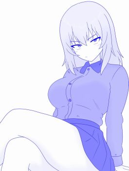 Rule 34 | 1girl, blue theme, closed mouth, commentary, crossed legs, dress shirt, frown, girls und panzer, glaring, itsumi erika, kuromorimine school uniform, long sleeves, looking at viewer, medium hair, miniskirt, monochrome, pleated skirt, school uniform, shira14, shirt, sitting, skirt, solo, wing collar