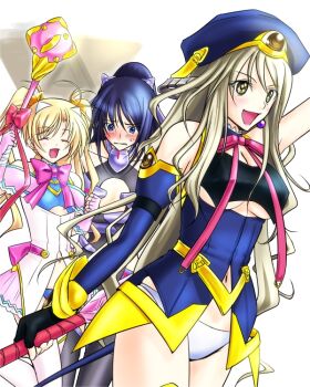 Rule 34 | 3girls, aoi sena, arm strap, bandeau, beret, black bandeau, black gloves, blonde hair, blood tune, blue dress, blue eyes, blue hair, blue sleeves, breasts, chaos;head, cleavage, closed eyes, clothing cutout, cosplay, cute weapon, demon tail, detached sleeves, dress, erin-fray orgel, erin-fray orgel (cosplay), excited, eyeball hair ornament, fingerless gloves, gloves, green eyes, green hair, hair down, happy, hat, holding, holding mace, holding weapon, kusunoki mia, long hair, mace, magical girl, multiple girls, navel, no hair ornament, open mouth, orihara kozue, panties, robber-krzk, samurai condenser, science adventure, sedna fevrier, sedna fevrier (cosplay), seira orgel, seira orgel (cosplay), seira orgel (post-awakening), star (symbol), star in eye, symbol in eye, tail, tongue, underboob, underboob cutout, underwear, weapon, white panties