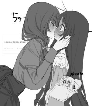 ! !! 2girls asymmetrical_docking blunt_bangs blush breast_press breasts character_request closed_eyes commentary_request dreaming eurasia_(wtp09ptw14) francoise_(eurasia) full-face_blush greyscale hand_on_another's_face highres incest kiss large_breasts long_hair long_sleeves looking_at_another monochrome multiple_girls o_o original request_inset siblings sisters surprised sweat translation_request under_covers upper_body white_background wide-eyed yuri