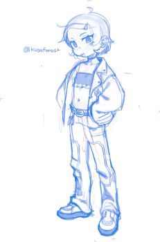 Rule 34 | 1girl, absurdres, ahoge, belt, borrowed character, chi-iz, ear piercing, erika (kusa mori), flat chest, forehead, hands on own hips, highres, midriff, navel, original, pants, petite, piercing, short hair, simple background, sketch, strapless, tube top, white background