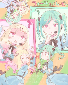 2girls ? bags_under_eyes blonde_hair blue_dress blush braid braided_twintails closed_eyes commentary_request detached_sleeves dress earpiece facing_another finger_to_cheek gradient_hair green_hair headset lone_nape_hair long_dress looking_at_another love_live! love_live!_superstar!! low_twin_braids multicolored_hair multiple_girls multiple_views nekokun onitsuka_natsumi onitsuka_tomari pink_hair puffy_short_sleeves puffy_sleeves red_eyes short_sleeves siblings sidelocks sisters smile translation_request twin_braids twintails