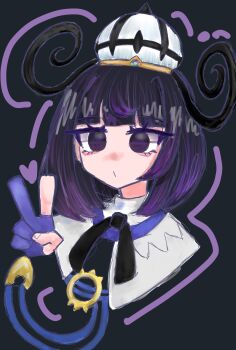 1girl @_@ belt belt_buckle black_dress blunt_bangs bob_cut buckle coat cutter_0303 dress eyelashes gloves gwynn_(pokemon) hat highres nintendo o-ring o-ring_belt open_clothes open_coat partially_fingerless_gloves pokemon pokemon_legends:_z-a purple_eyes purple_hair short_hair solo v white_coat