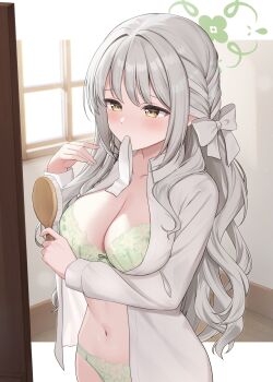 1girl absurdres blue_archive bow bow_bra bra breasts cleavage collarbone collared_shirt commentary_request cowboy_shot dress_shirt dressing flower_halo green_bow green_bra green_halo green_panties grey_bow grey_hair hair_bow hair_brush hair_intakes halo highres holding holding_hair_brush indoors large_breasts letterboxed long_hair looking_at_mirror mirror miyo_(blue_archive) mochiko_(uyu_omochi) mouth_hold navel open_clothes open_shirt outside_border panties ribbon ribbon_in_mouth shirt sidelocks solo standing stomach underwear very_long_hair wavy_hair white_ribbon white_shirt window yellow_eyes